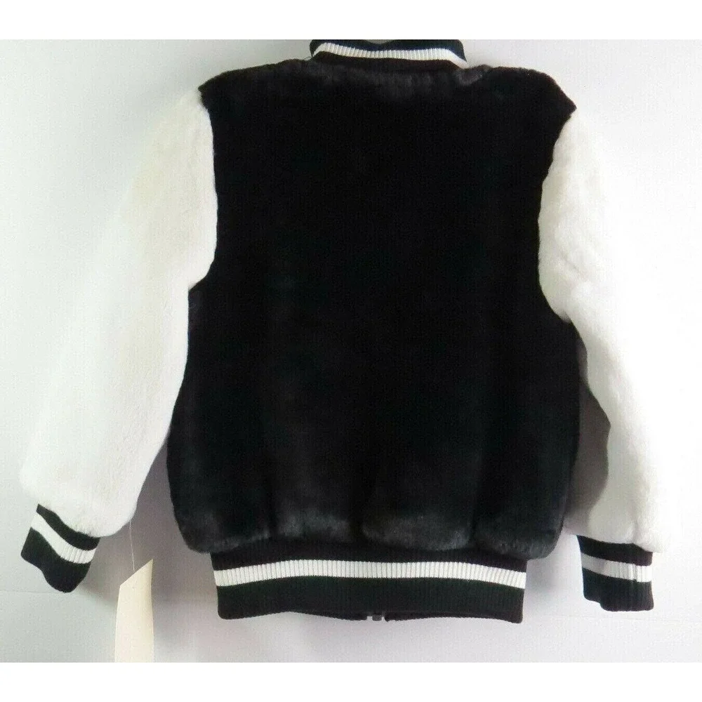 American‎ Widgeon Kids Faux Fur Varsity Bomber Jacket Black White Size 4